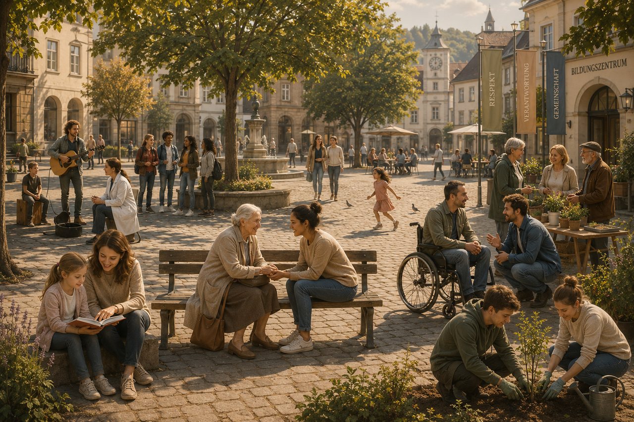 Belebter Stadtplatz mit Menschen verschiedener Generationen, Gesprächen, Musik, gemeinsamer Gartenarbeit und einem Mann im Rollstuhl.