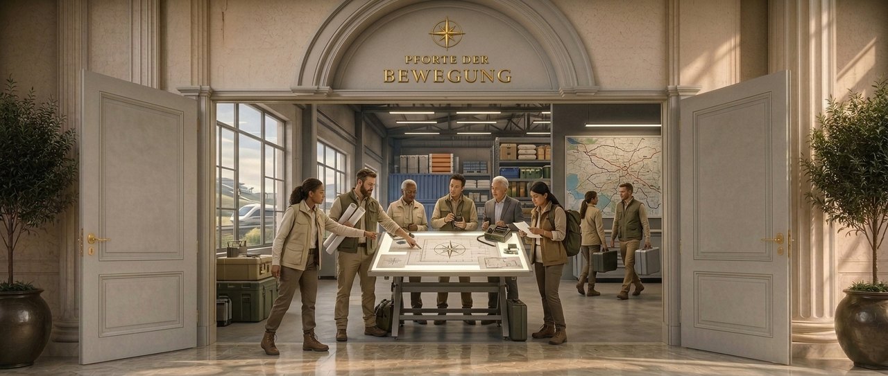 Geöffnete klassische Doppeltür mit der Aufschrift Pforte der Bewegung. Dahinter arbeitet ein vielfältiges Team gemeinsam an Karten und Plänen.